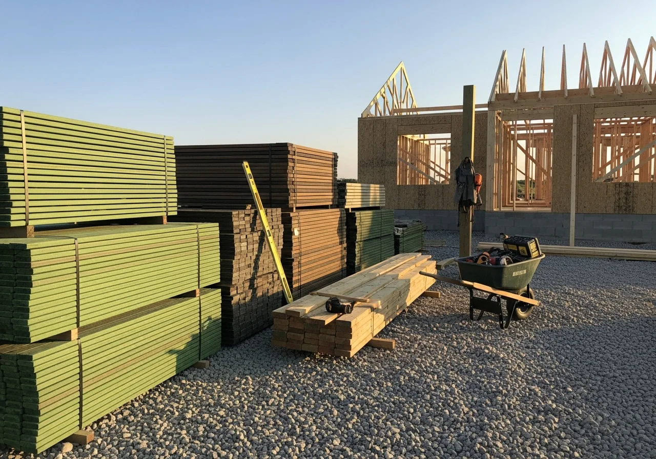 Construction crew and tools on a residential job site, showcasing exterior framing and deck materials.
