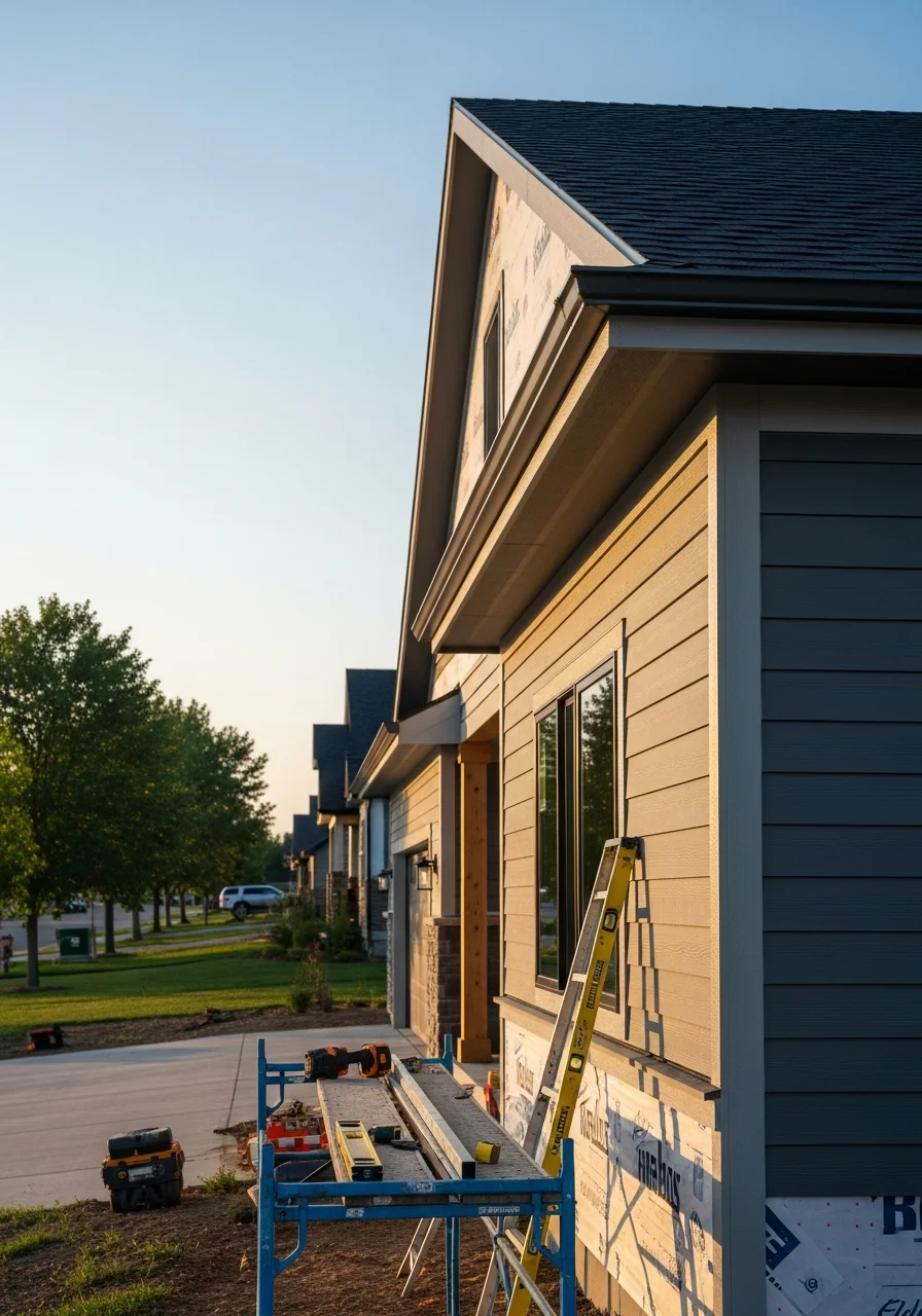 A technician working on a newer home's exterior, demonstrating the modern standards and quality focus that Harrisburg properties deserve.