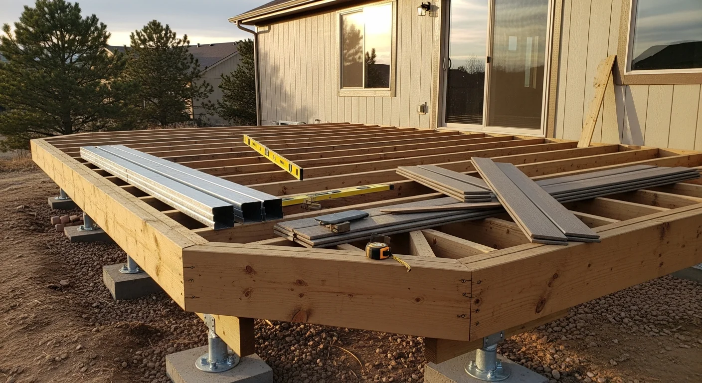 A newly installed multi-level deck attached to a Parker, Colorado home, featuring clean board lines and sturdy post framing suited to the area's high-altitude climate. The backyard setting shows a residential lot typical of the Parker area with Colorado blue sky overhead.