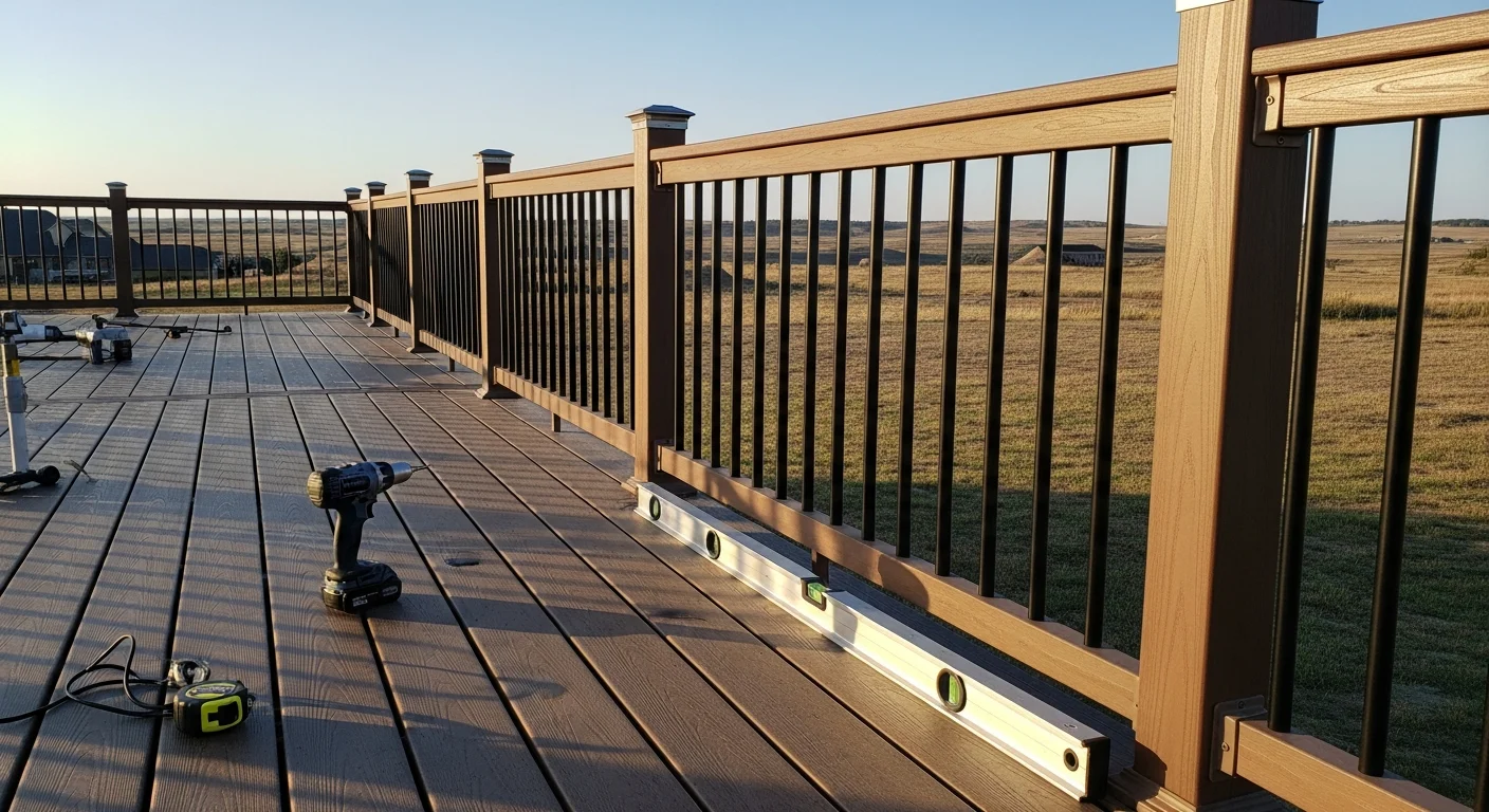 A newly installed deck railing system on a raised residential deck in Parker, Colorado, with evenly spaced balusters and secure post anchoring. The railing runs along the full perimeter of the deck, showing a clean, code-compliant finish against a Colorado backyard setting.