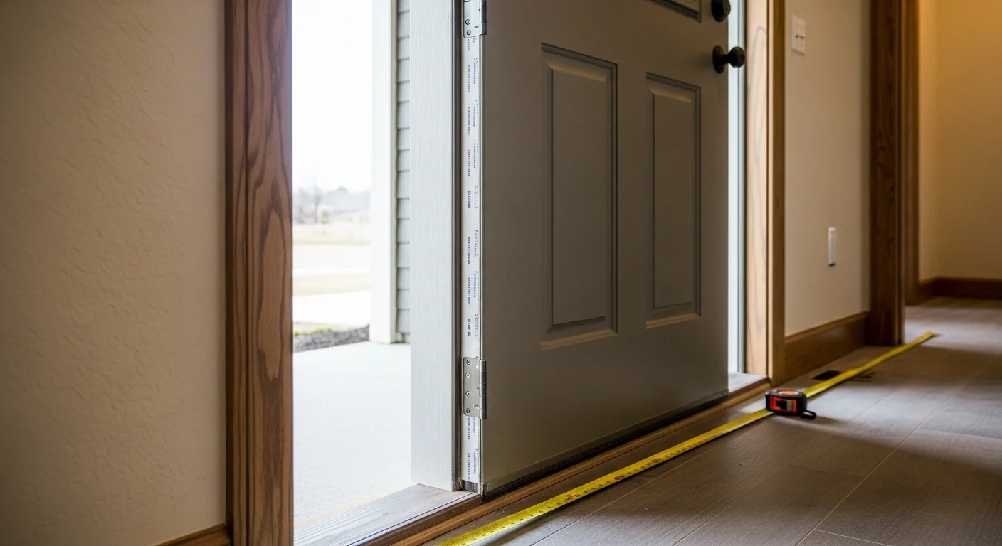 A newly installed exterior entry door on a Parker, Colorado home, showing clean frame alignment and finished trim against a residential facade. The door is fully hung and closed, set within a properly prepped rough opening on a single-family home.