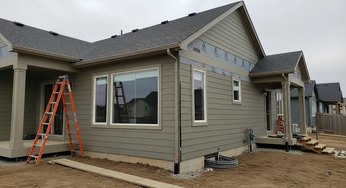 A Parker, Colorado home with newly installed fiber cement lap siding in a neutral gray tone, showing clean trim lines around windows and a covered front entry. The exterior reflects a traditional two-story residential style common in Parker neighborhoods.