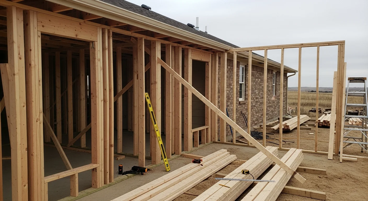 Exposed wood framing of a single-story home addition under construction on a residential lot in Parker, Colorado, with new wall studs and roof framing visible against a clear blue sky. The addition connects directly to the existing home's exterior wall, showing the structural tie-in point.