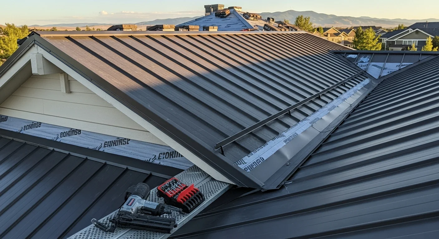A Parker, Colorado home with a newly installed metal roof showing clean panel lines and proper ridge and eave flashing. The roof is photographed against a blue Colorado sky with the home's residential neighborhood visible in the background.