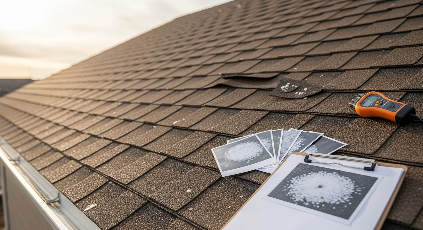 A roofing contractor from Keystone Builders inspecting shingles and flashing on a residential roof in Parker, Colorado. Close-up view shows granule wear and flashing detail typical of Front Range hail corridor homes.