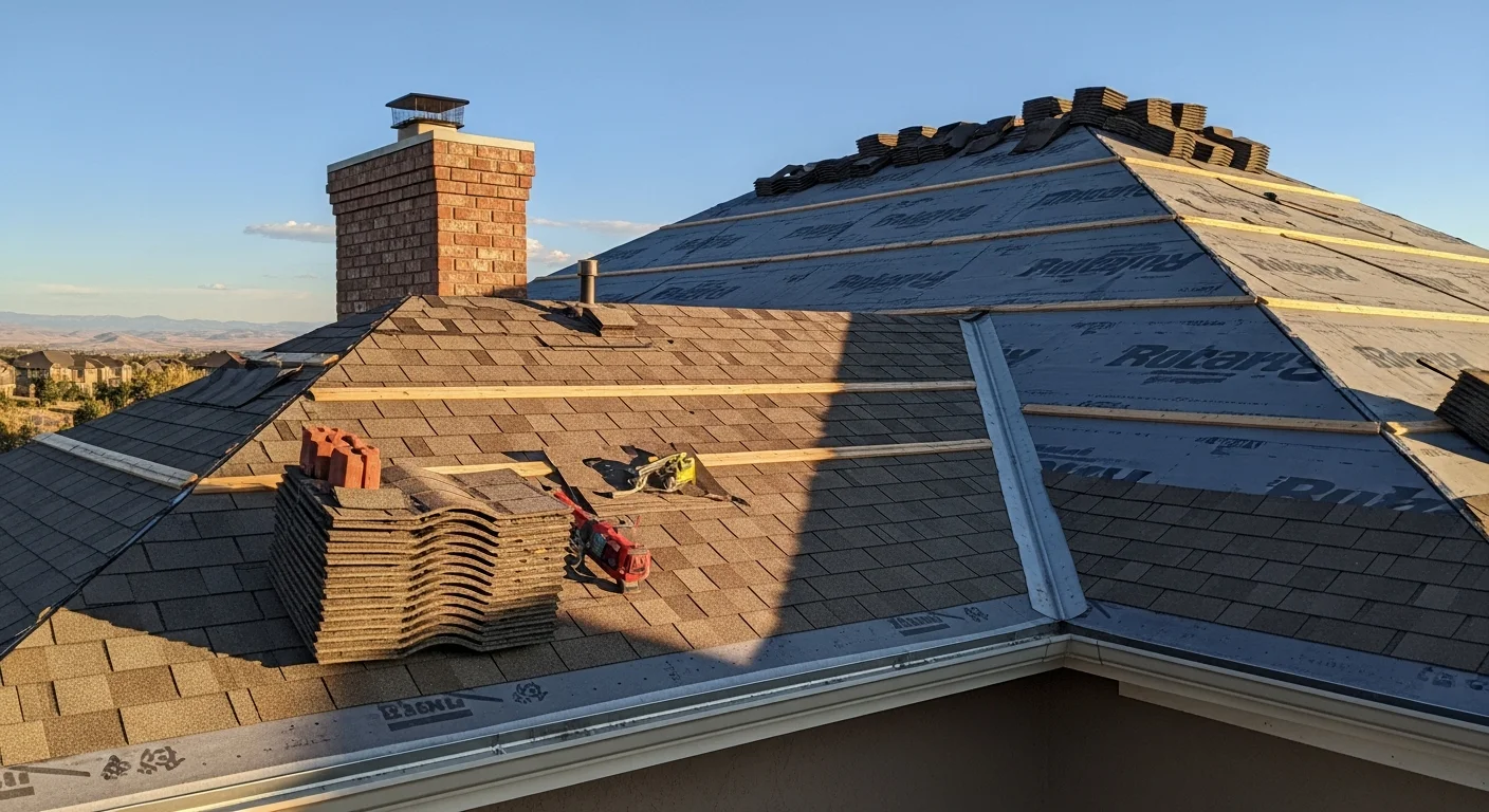 A newly installed residential roof on a two-story Parker, Colorado home, showing clean shingle lines and properly sealed ridge and flashing details. The surrounding neighborhood reflects the mix of established and newer Douglas County subdivisions common to the Parker area.