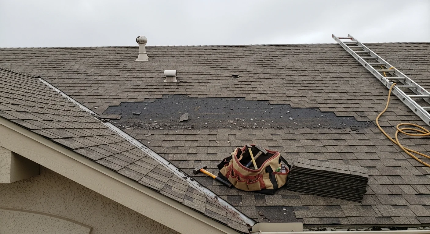A Keystone Builders crew member inspecting hail-damaged shingles on a residential roof in Parker, Colorado. Close-up view shows granule loss and bruised shingle surfaces typical of Douglas County storm damage.