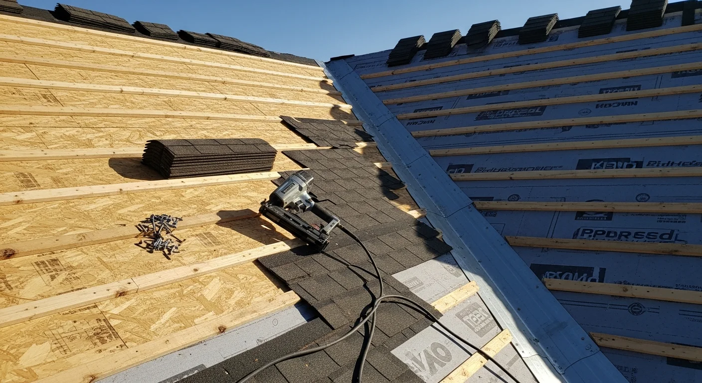 A completed residential roof replacement on a Parker, Colorado home showing new shingles, clean ridge line, and finished flashing along the eaves. The home sits in a Douglas County neighborhood under a clear Colorado sky.