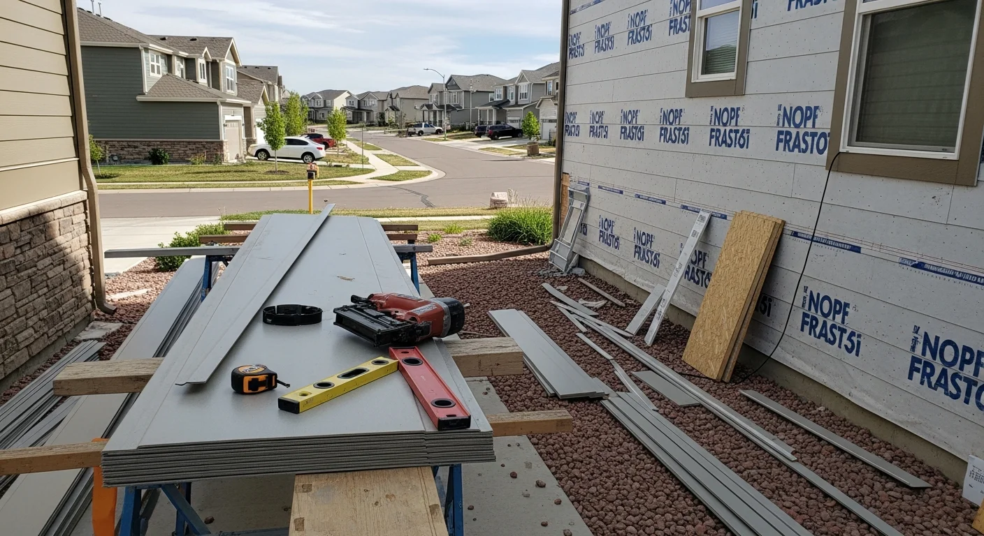 A two-story Parker, Colorado home with freshly installed lap siding, clean trim lines, and a visible weather-resistive barrier at an open wall section during installation. The surrounding neighborhood shows typical early 2000s residential construction under a bright Colorado sky.