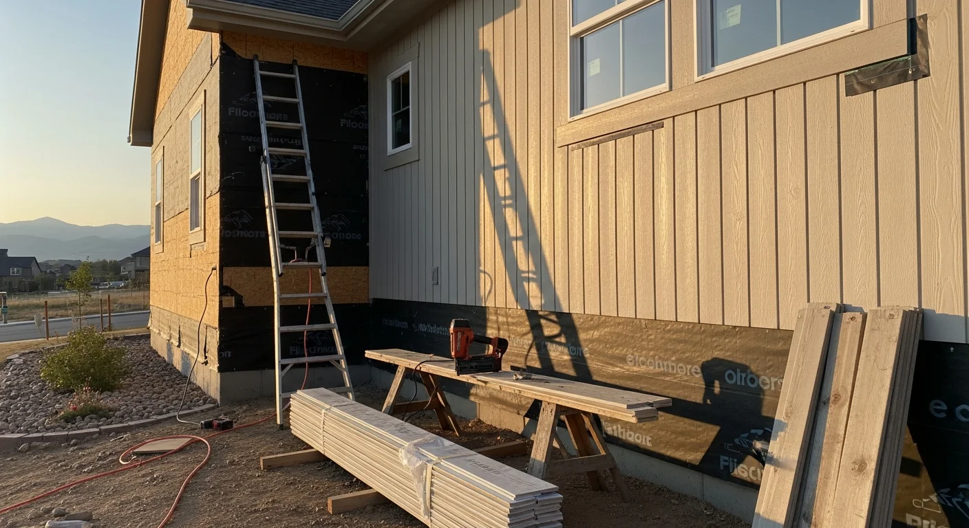 Freshly installed exterior siding on a two-story Parker, Colorado home with clean trim lines and updated panels replacing storm-worn cladding. The finished exterior shows consistent color and profile across all elevations under a clear Colorado sky.