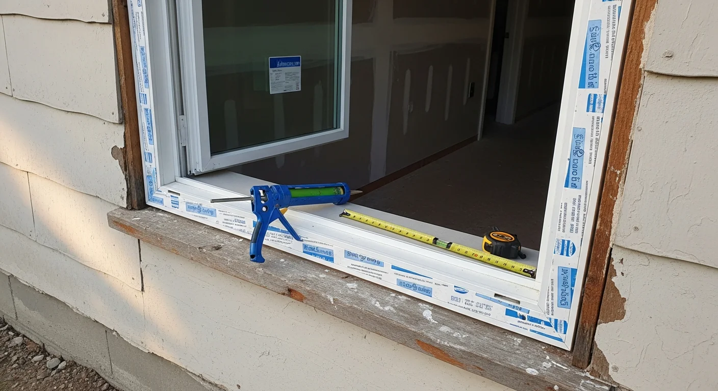 A Keystone Builders crew member installing a new double-pane window on a Parker, Colorado home with a clear view of the Colorado Front Range foothills in the background. The window frame is freshly set and sealed, with clean exterior trim work visible on the home's facade.